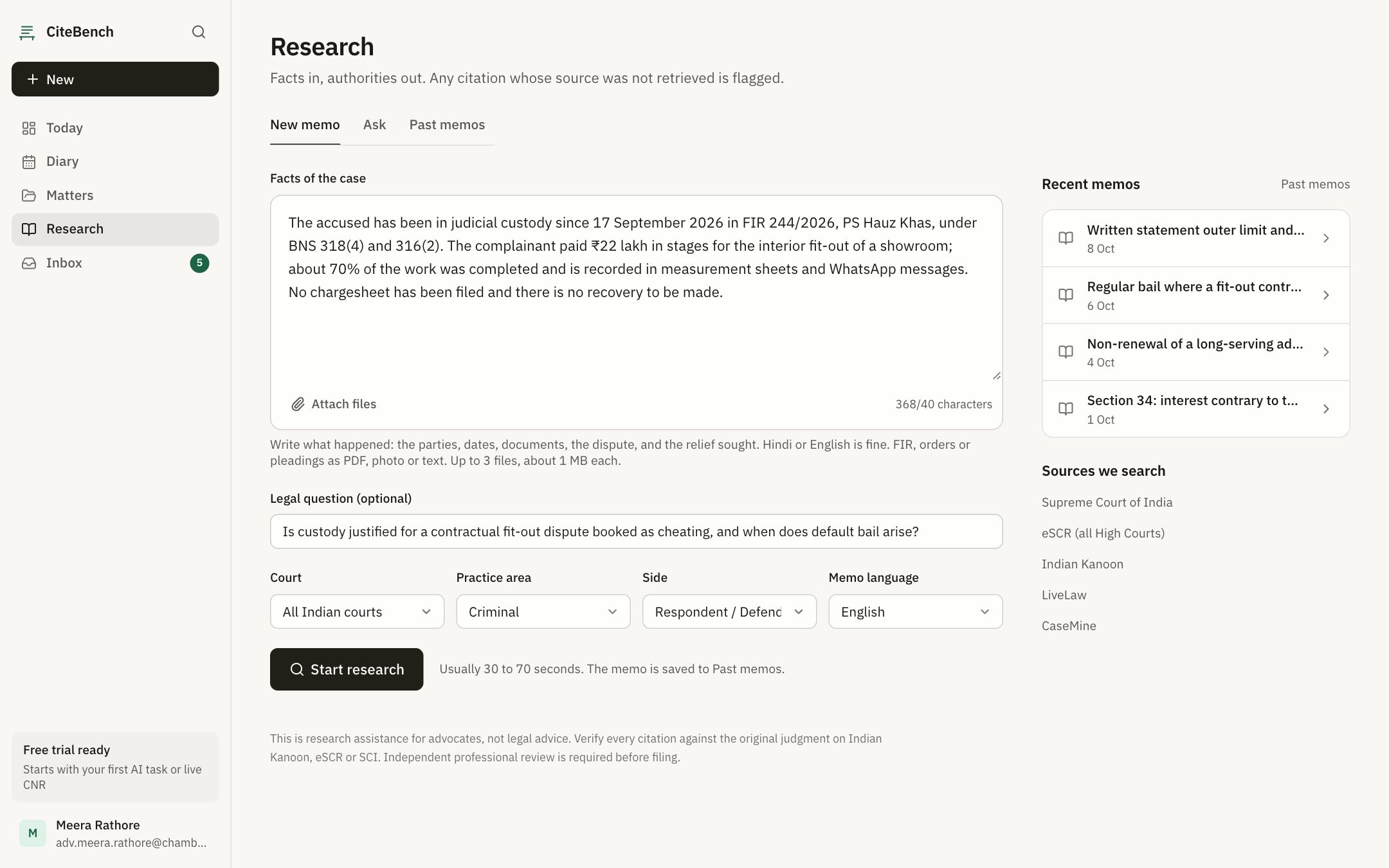 CiteBench chamber: Research by facts, question or court