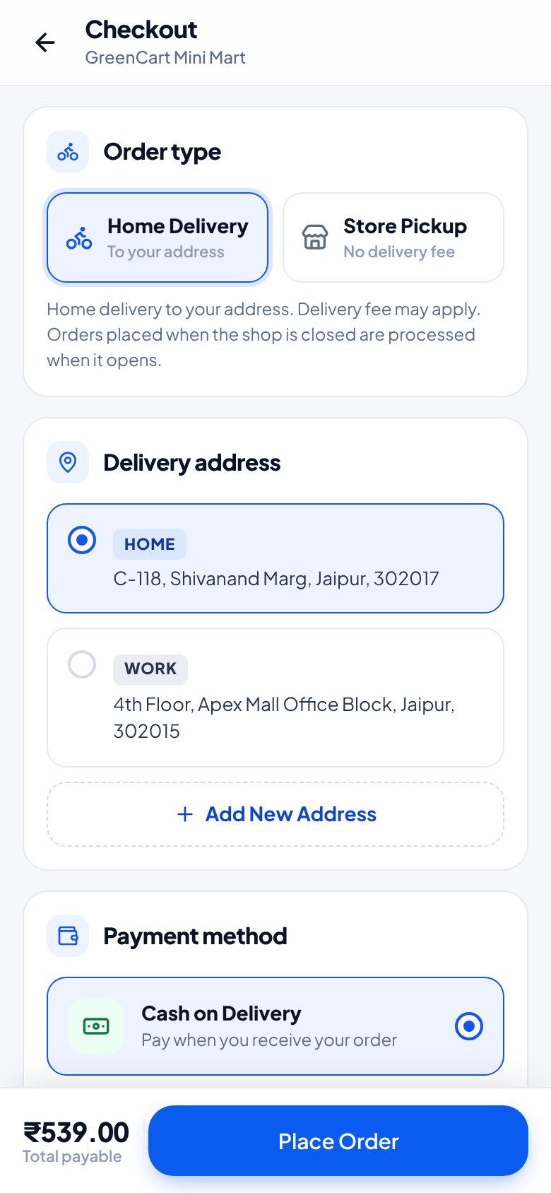 OrderEasy customer: Delivery or pickup, address, payment