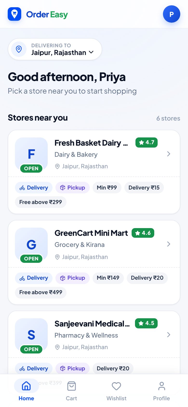 OrderEasy customer app listing nearby shops